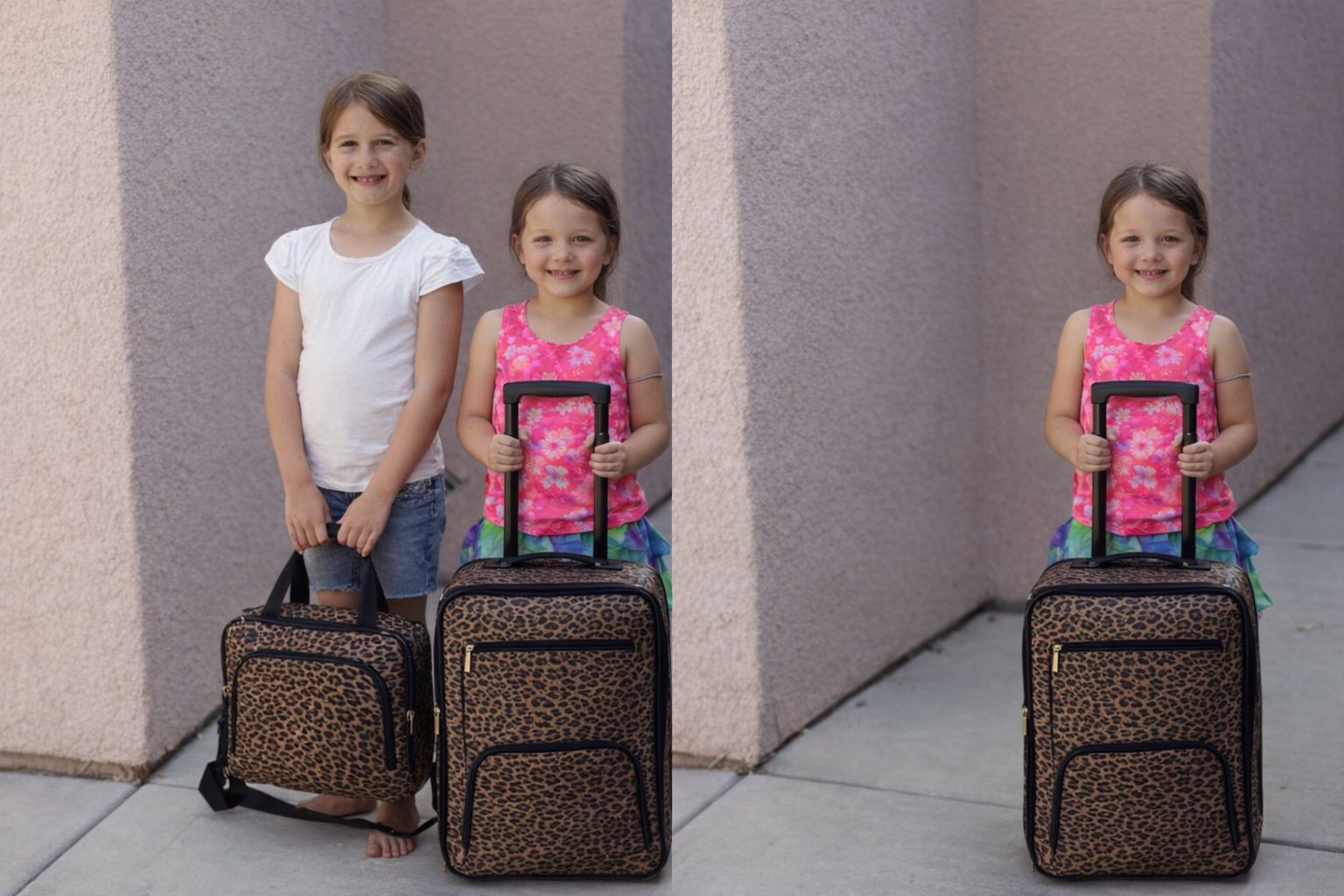 Dwie uśmiechnięte dziewczynki z walizką i torbą podróżną w panterkę.